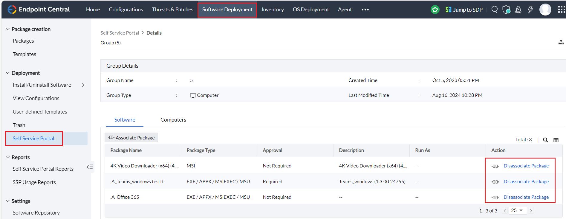 Disassociating a package from Self Service Portal