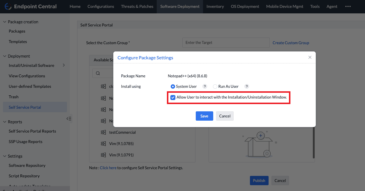 Enabling Allow User to interact with the Installation/Uninstallation Window