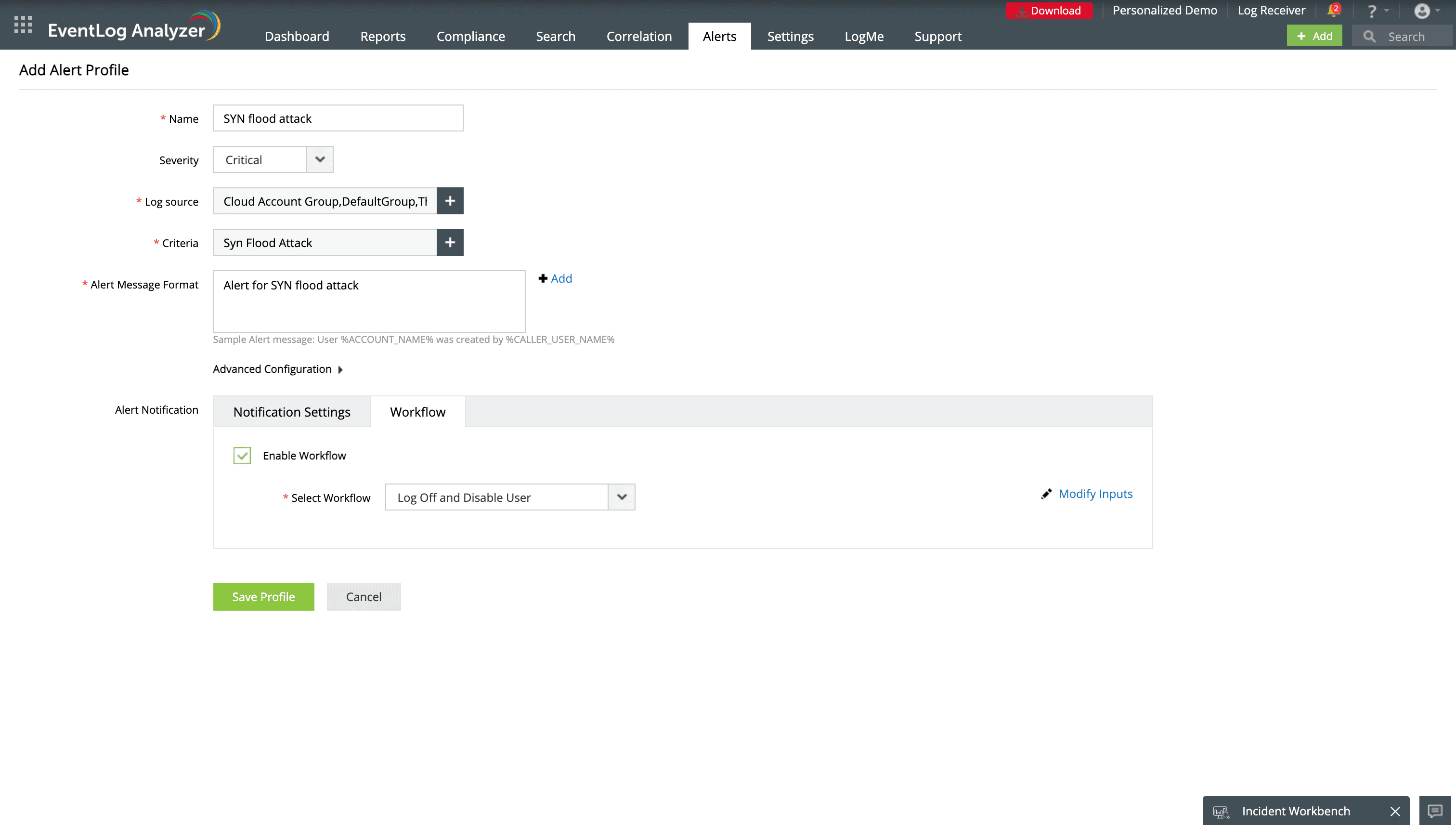 Alert profile for a SYN flood attack on a Cisco firewall