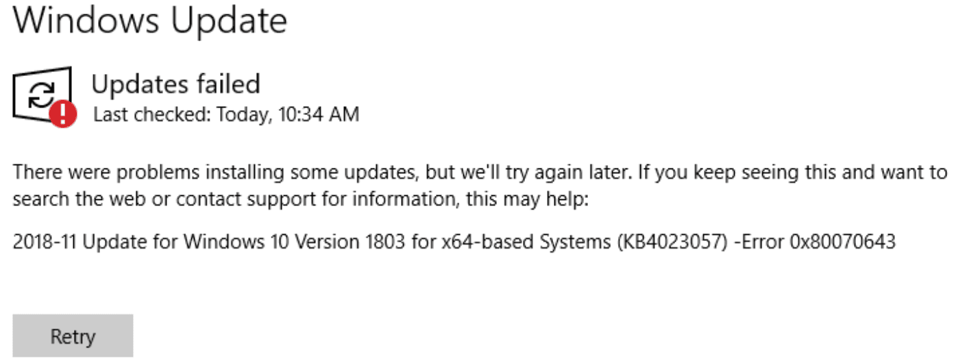 How to fix Windows update error 0x80070643
