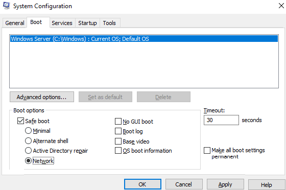 Use safe mode with networking for system boots