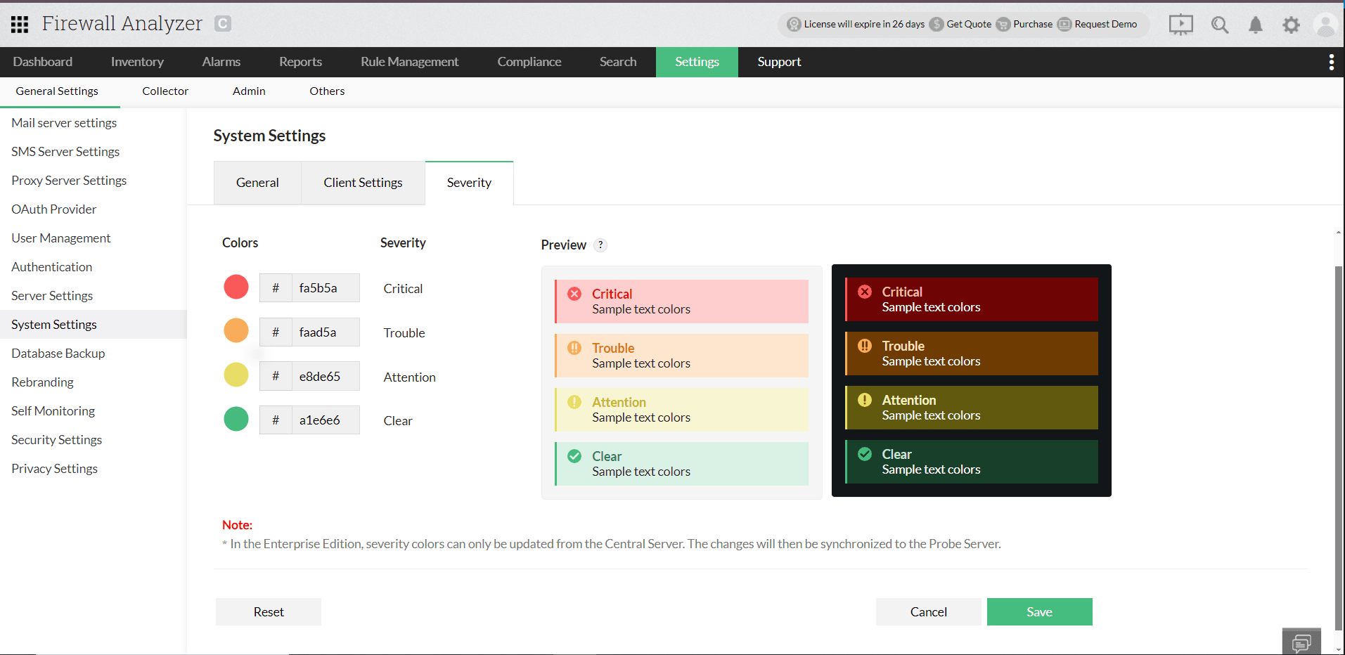 Severity Color Settings in Firewall Analyzer- System Settings