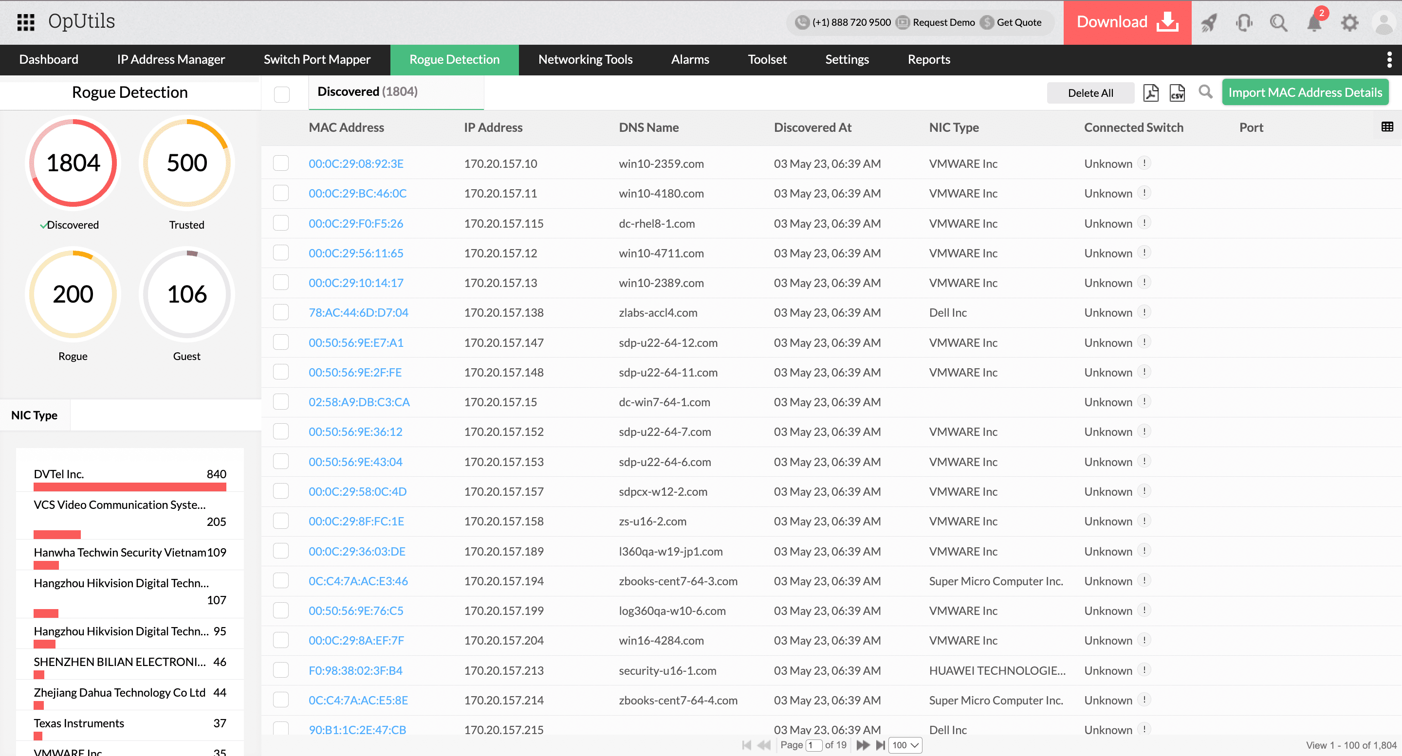 Dashboard de rastreo de dispositivos de usuarios de OpUtils de ManageEngine