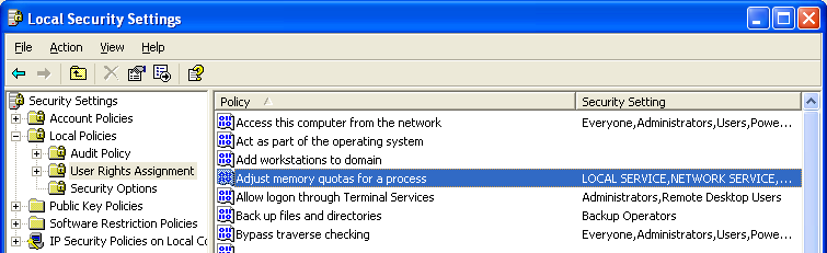 user rights assignment adjust memory quotas for a process