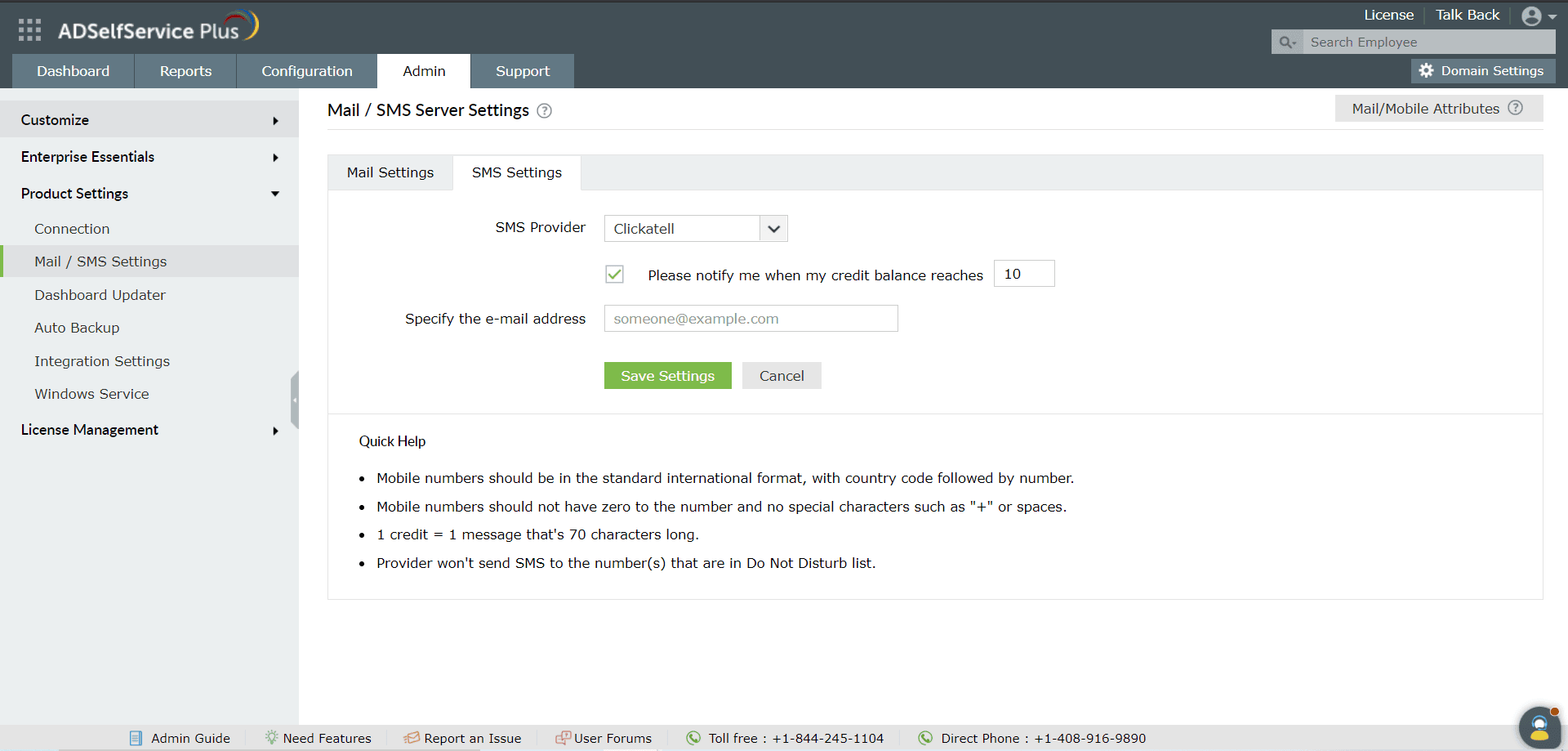 clicktell Clickatell SMS server settings in ADSelfService Plus