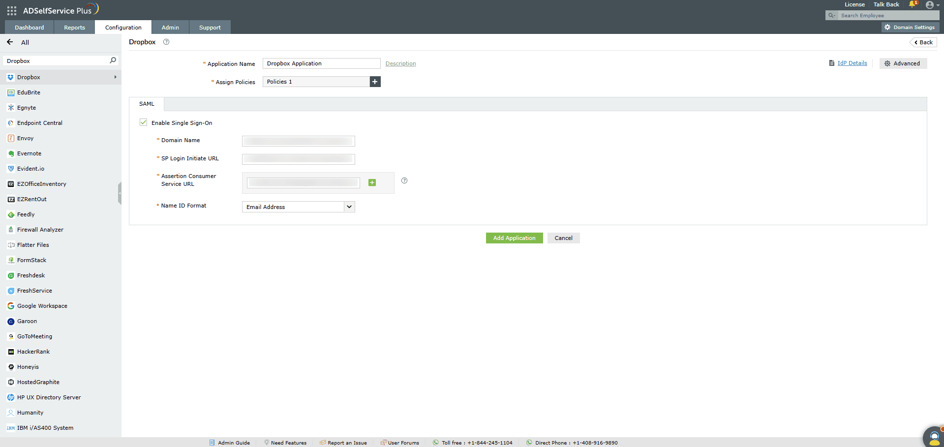 Overview of ADSelfService Plus' SSO settings while configuring SAML SSO for Dropbox