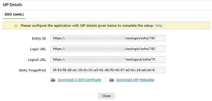 IdP details in ADSelfService Plus for zoho SSO