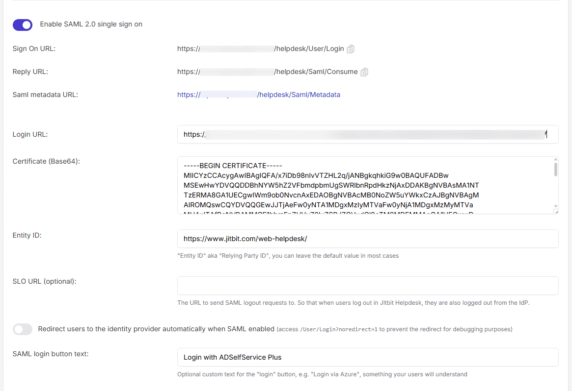 JitBit SAML SSO settings for ADSelfService Plus