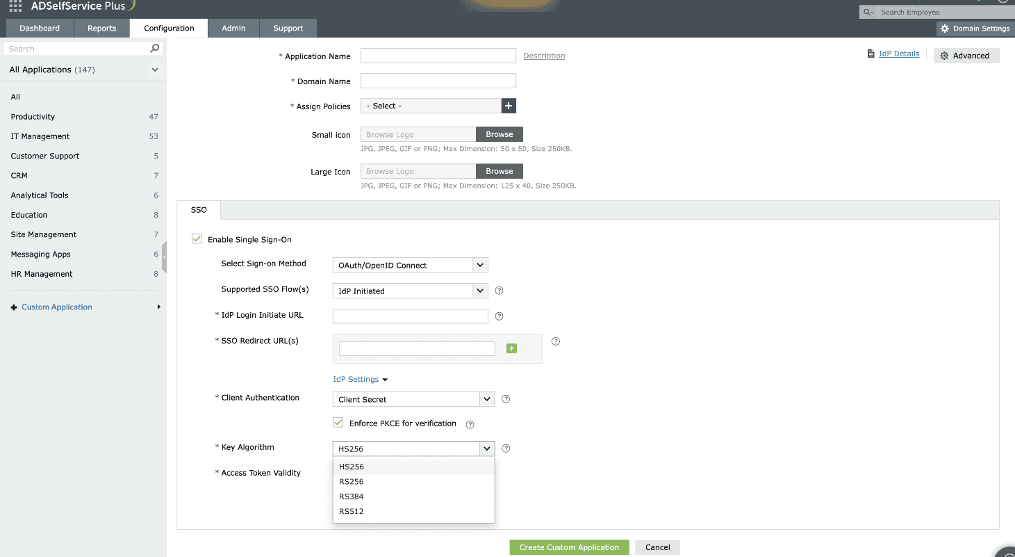 Selecting a key algorithm for signing the access token.