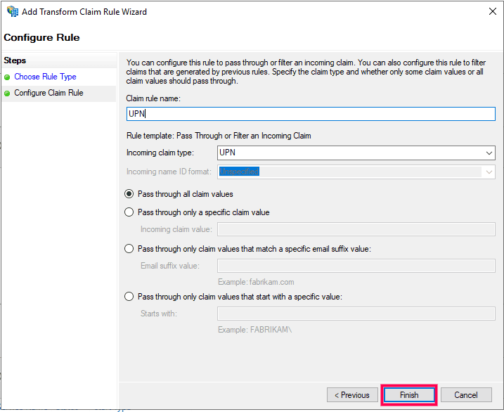 Add transform claim rule wizard