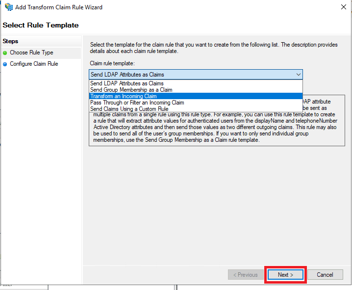 Add transform claim rule wizard