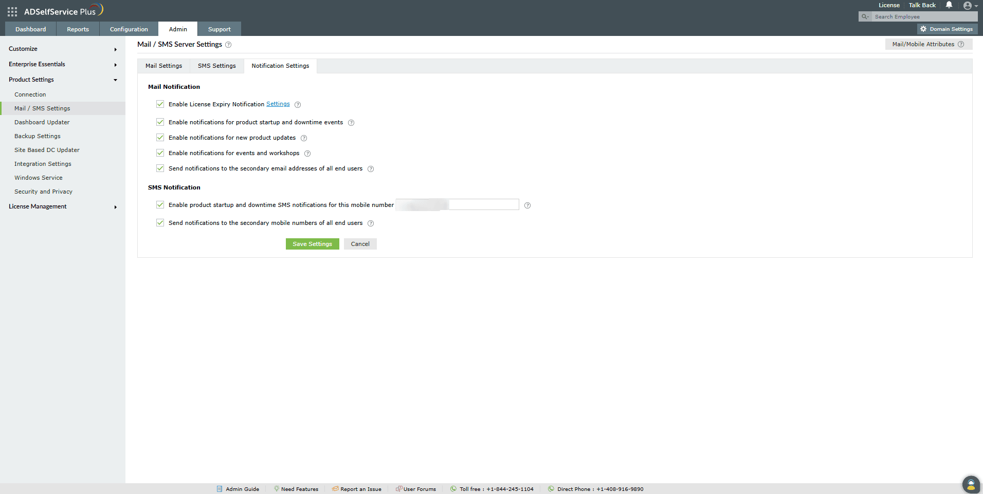 Notification settings in ADSelfService Plus