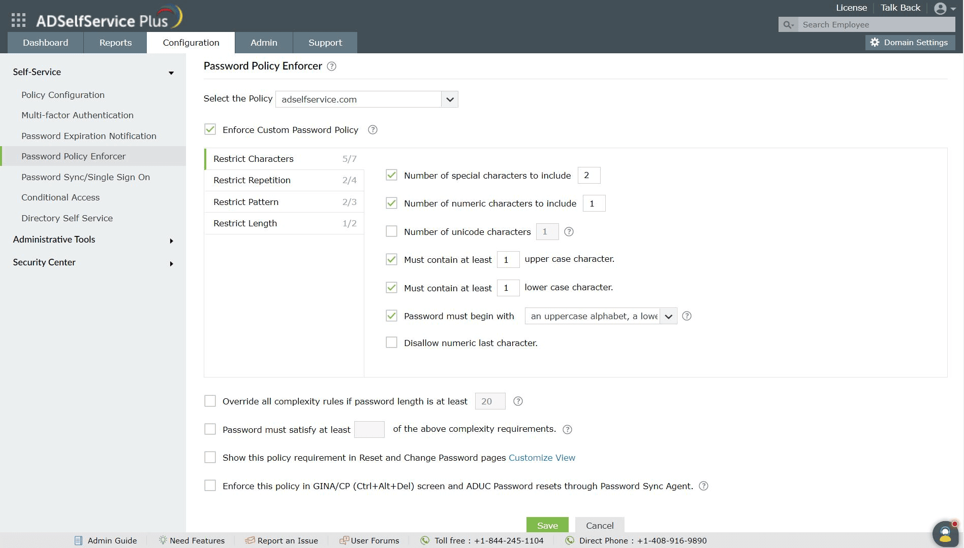 Password policy configuration in ADSelfService Plus