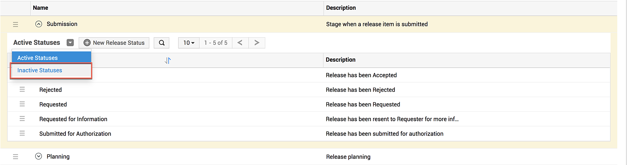 release status filter drop-down