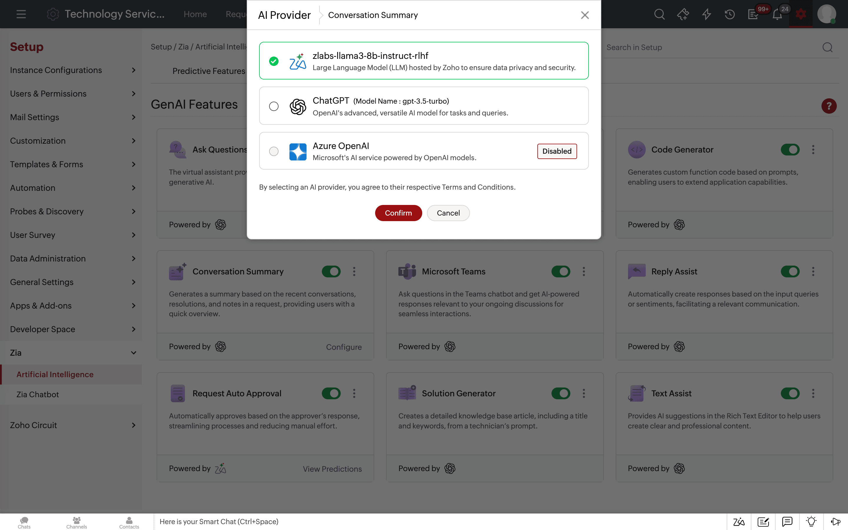 AI providers in Zia LLM GenAI model preference