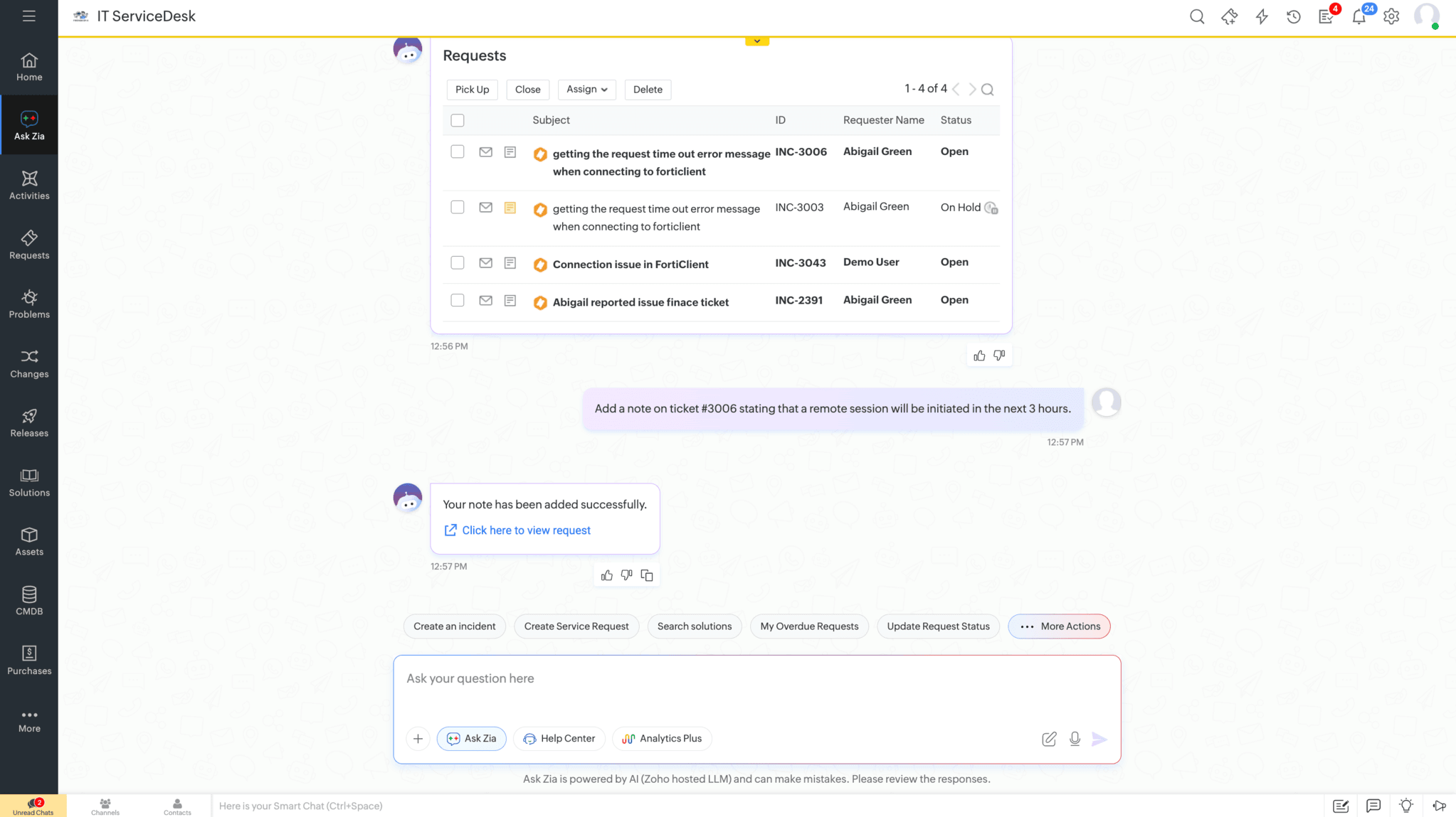 Zia IT ticket assistant Zia ticket automation
