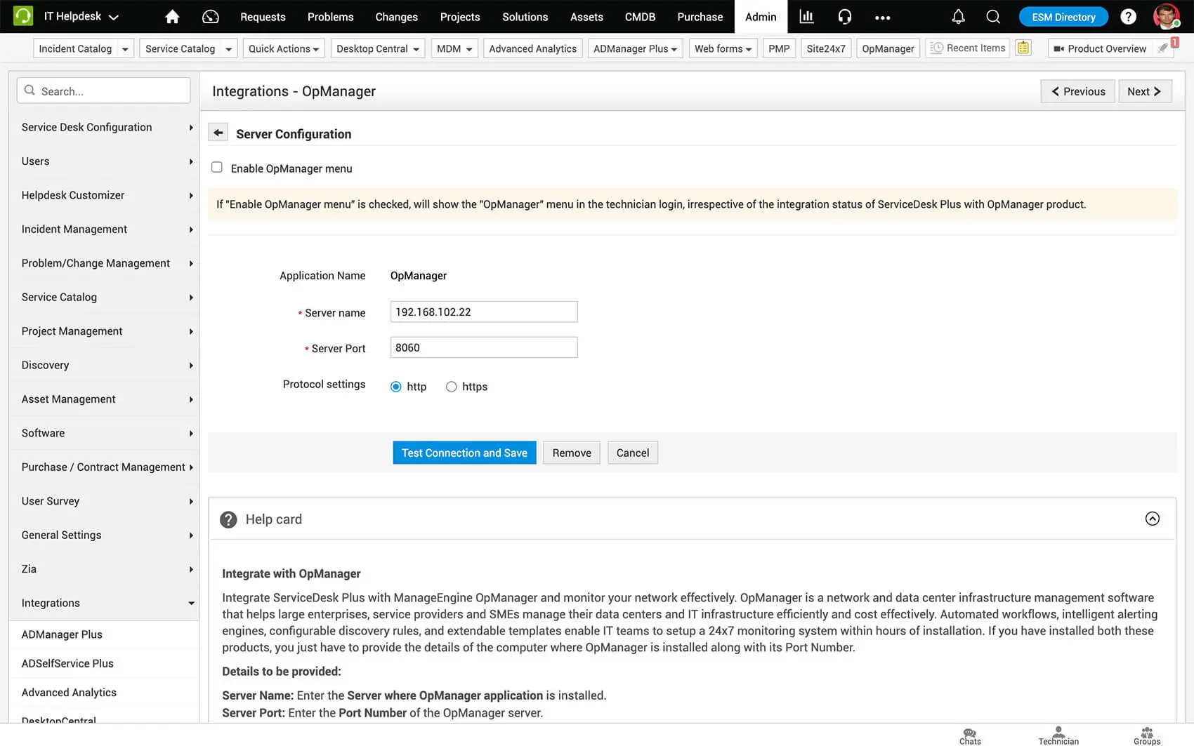 Tela de configuração da integração entre o ServiceDesk Plus e o OpManager