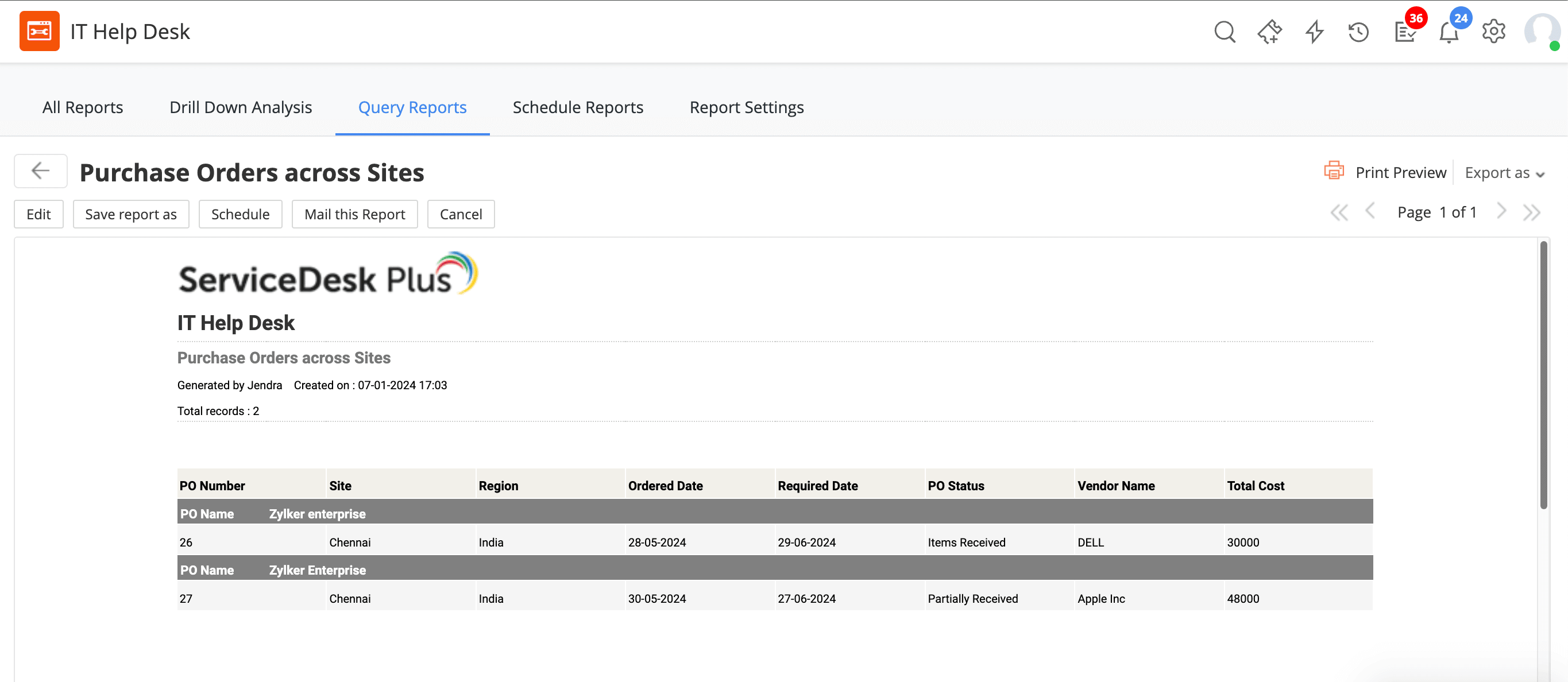 Query report for POs