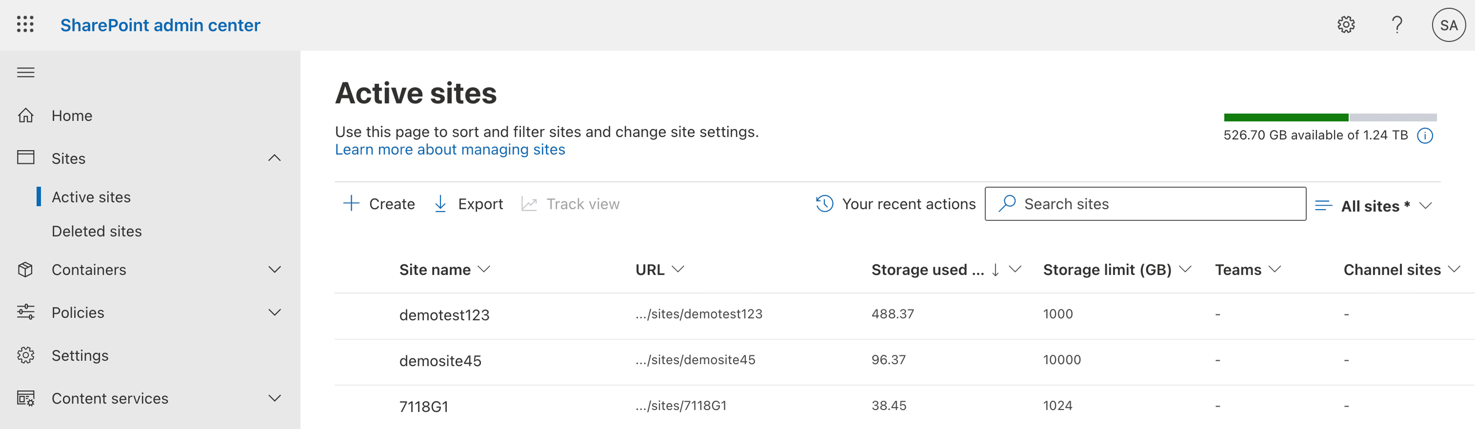 Checking SharePoint site storage using the SharePoint admin center.