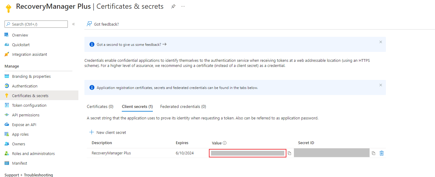 Copying the Client Secret value from the Certificate & secrets section