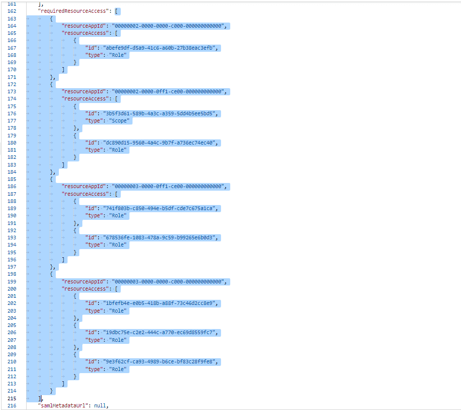 The app registration manifest file after specifying the permissions