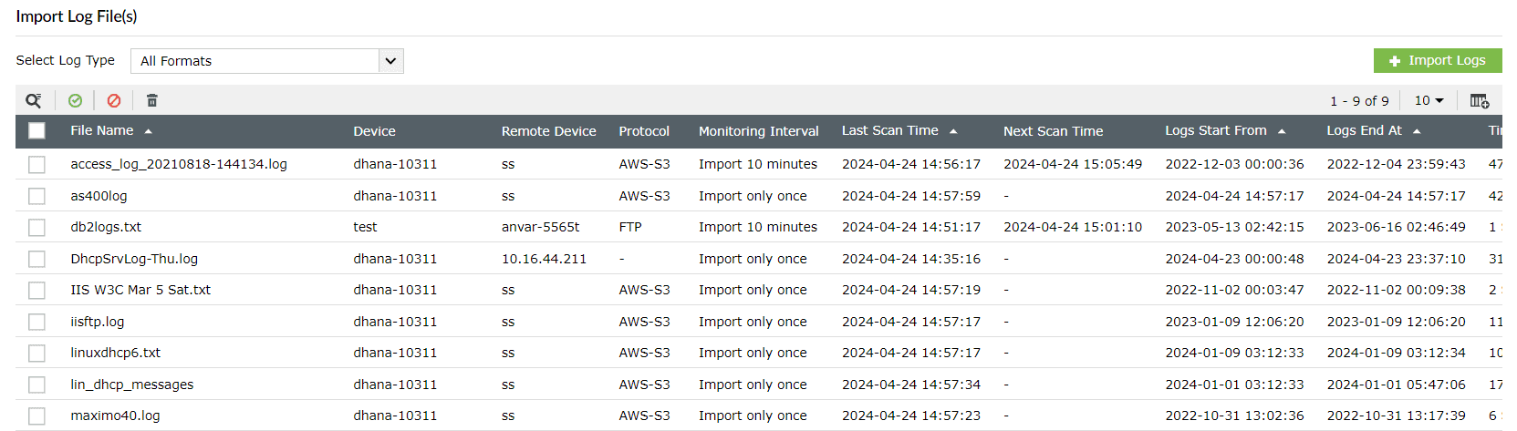 Import log data