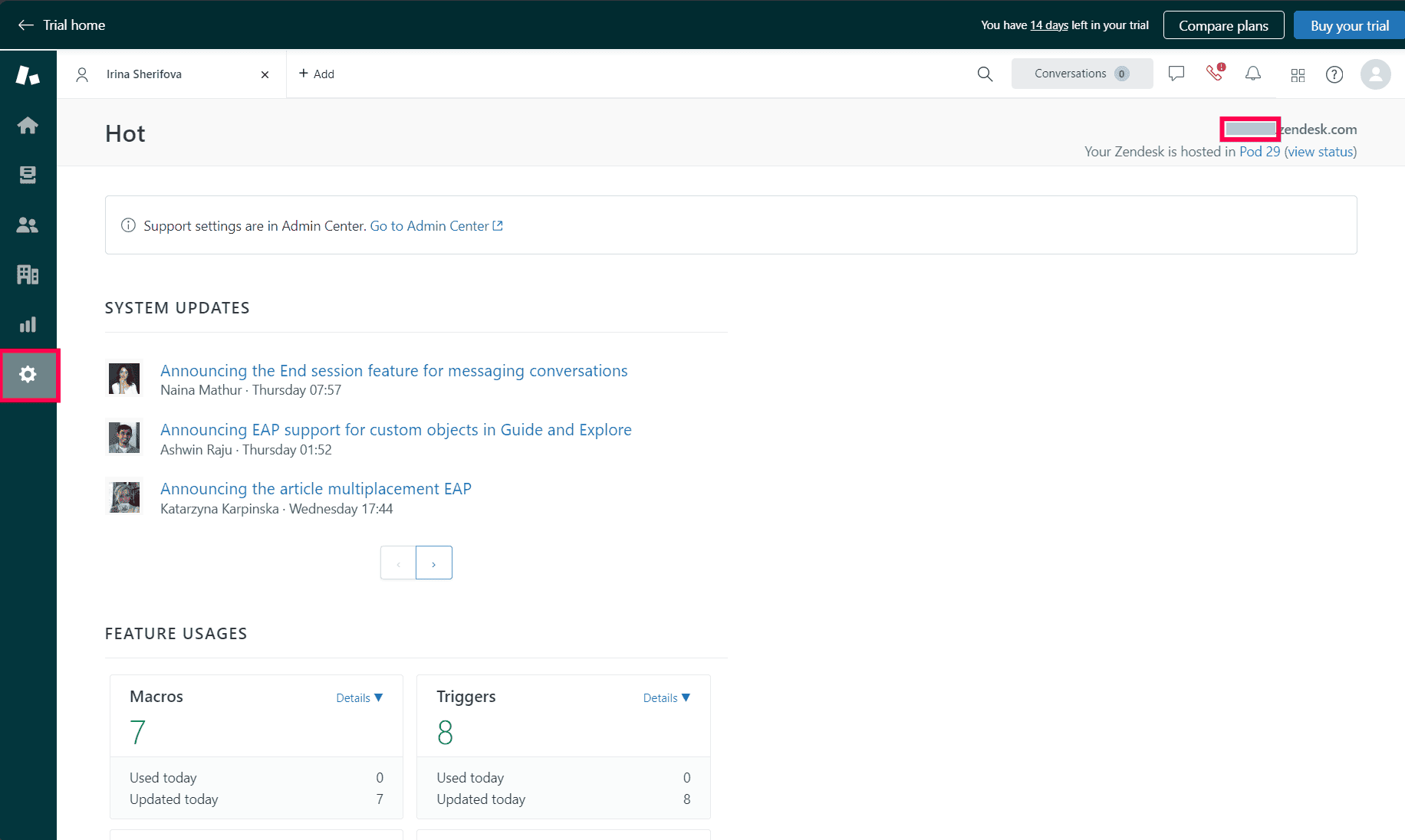 Zendesk portal: The Admin tab