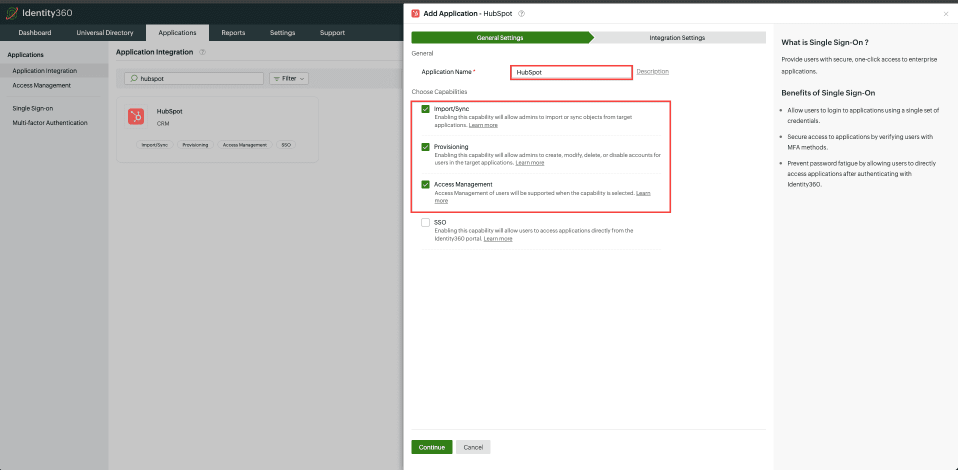 Identity360 application configuration general settings