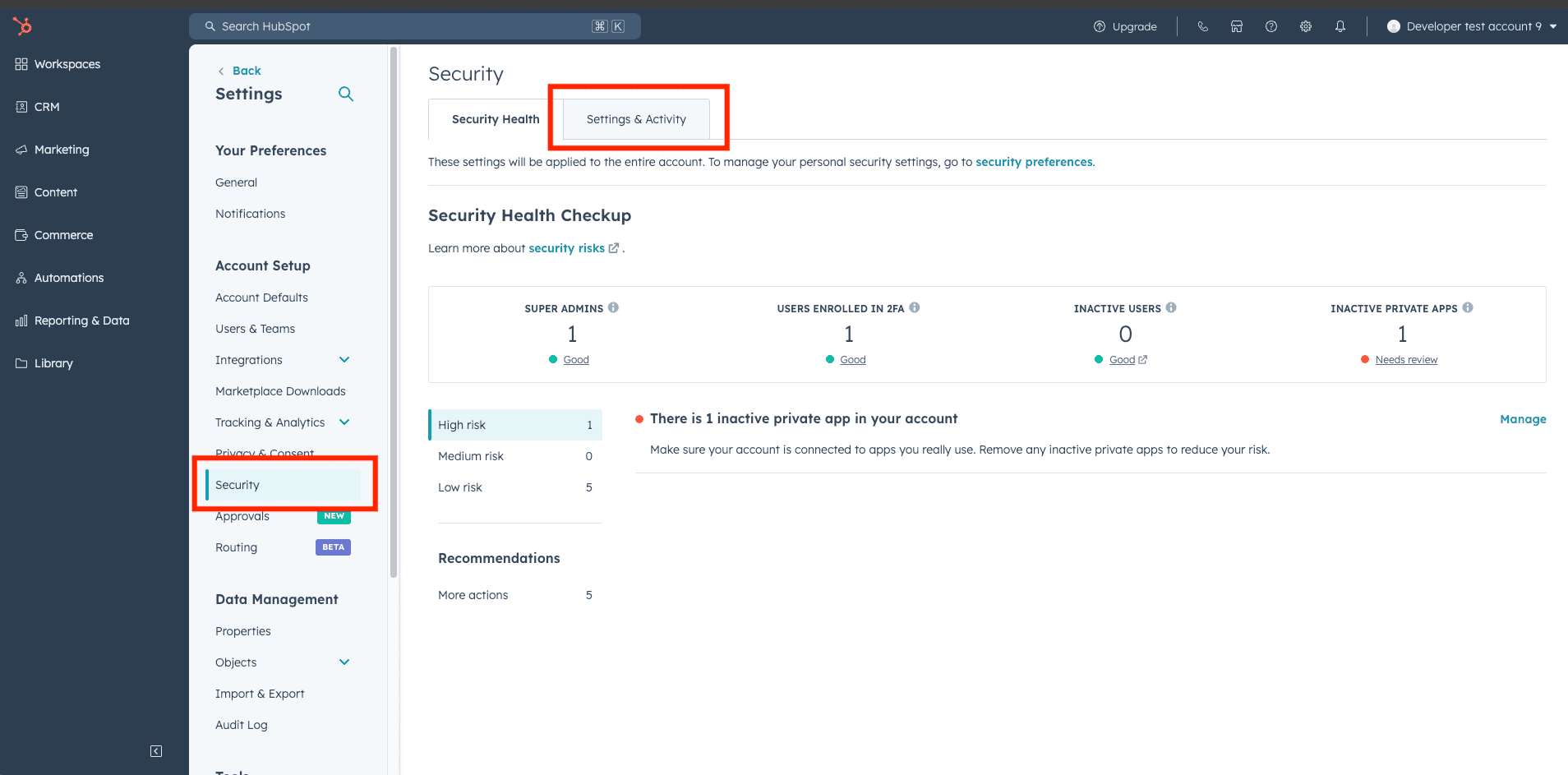 HubSpot security settings