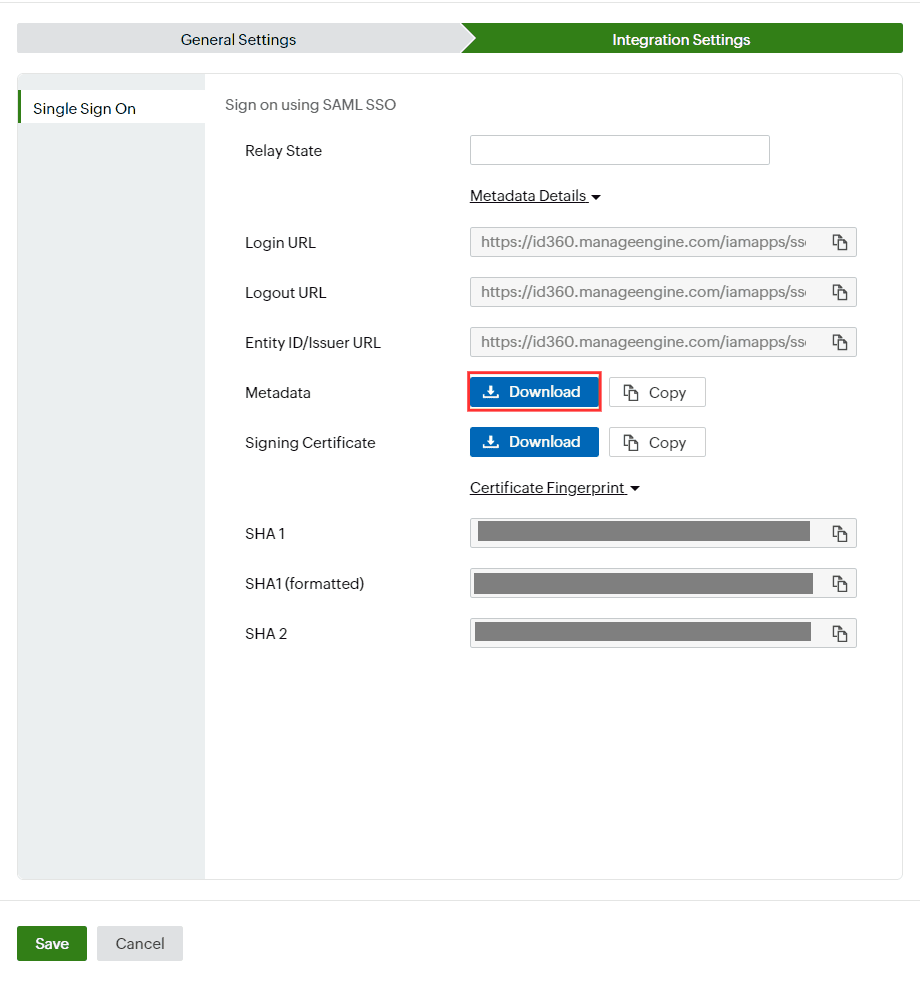 Identity360 application configuration: Integration Settings