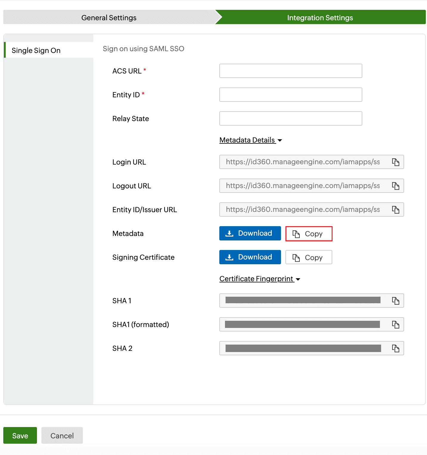 Identity360 application configuration: Integration Settings