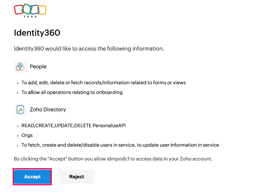  Zoho People login with permissions consent