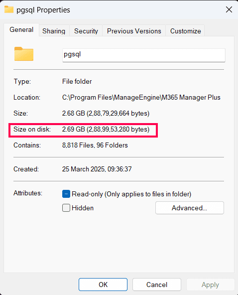 The pgsql Properties window with the Size on disk field highlighted to indicate the space occupied by M365 Manager Plus' built-in PostgreSQL database.
