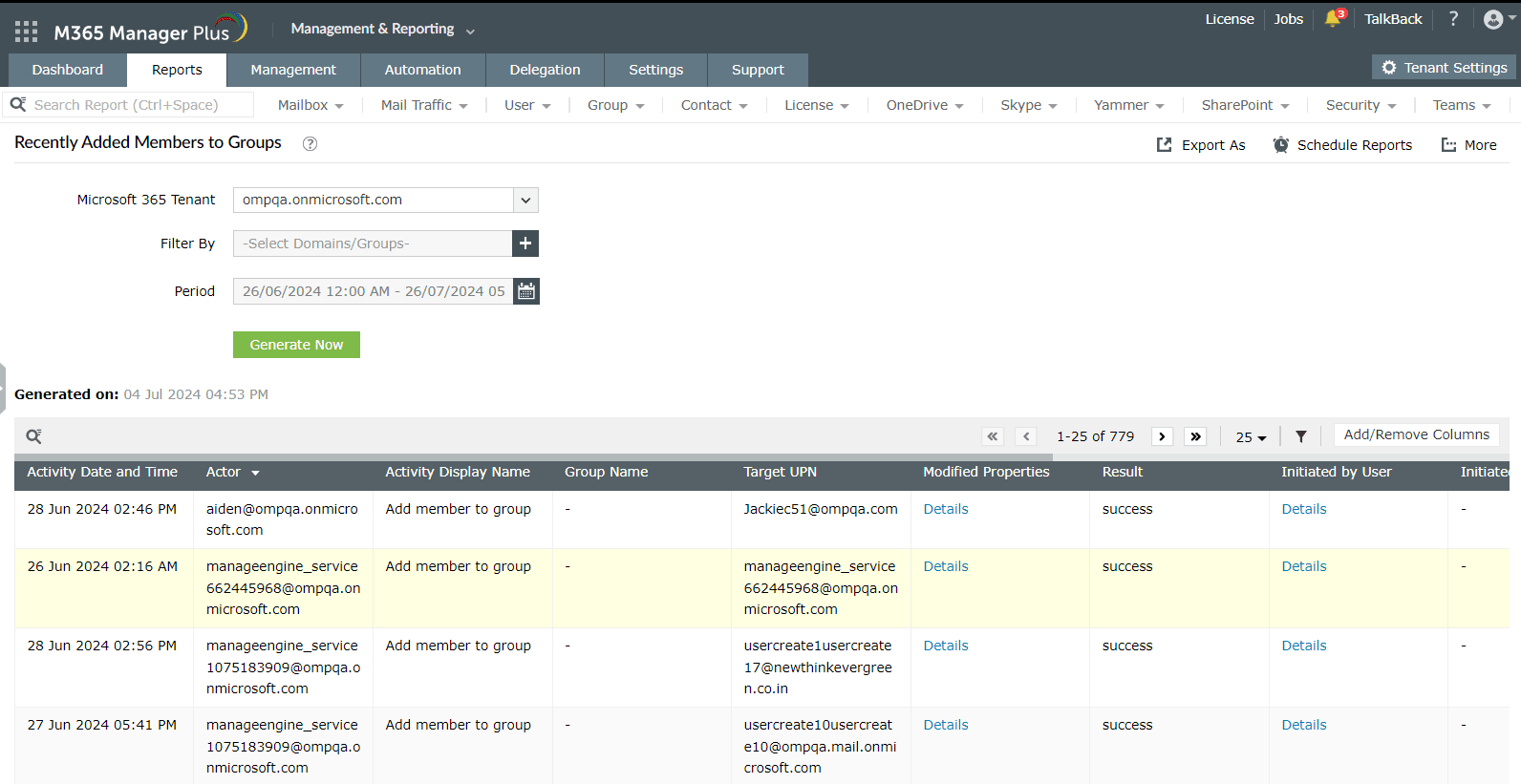 The Recently Added Members to Group report with the configuration to search for added members in a group in the last seven days.