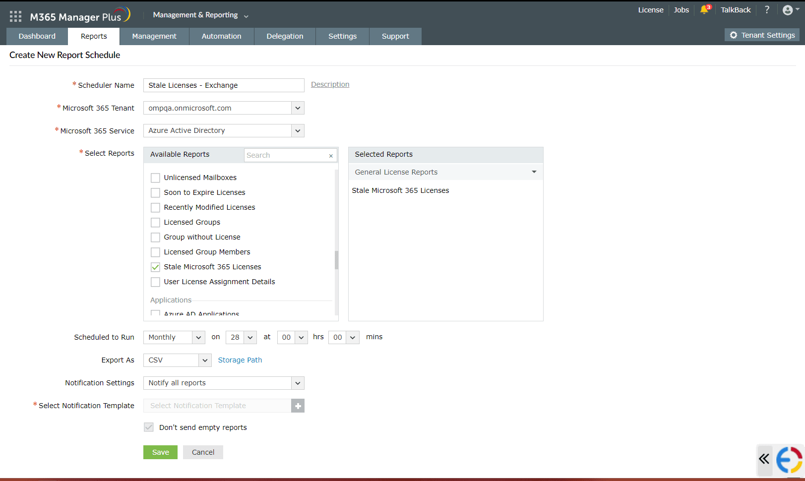 The Create New Report Schedule page with the settings configured to generate the Microsoft Entra ID inactive licenses report created at the 28th of every month at 00:00.