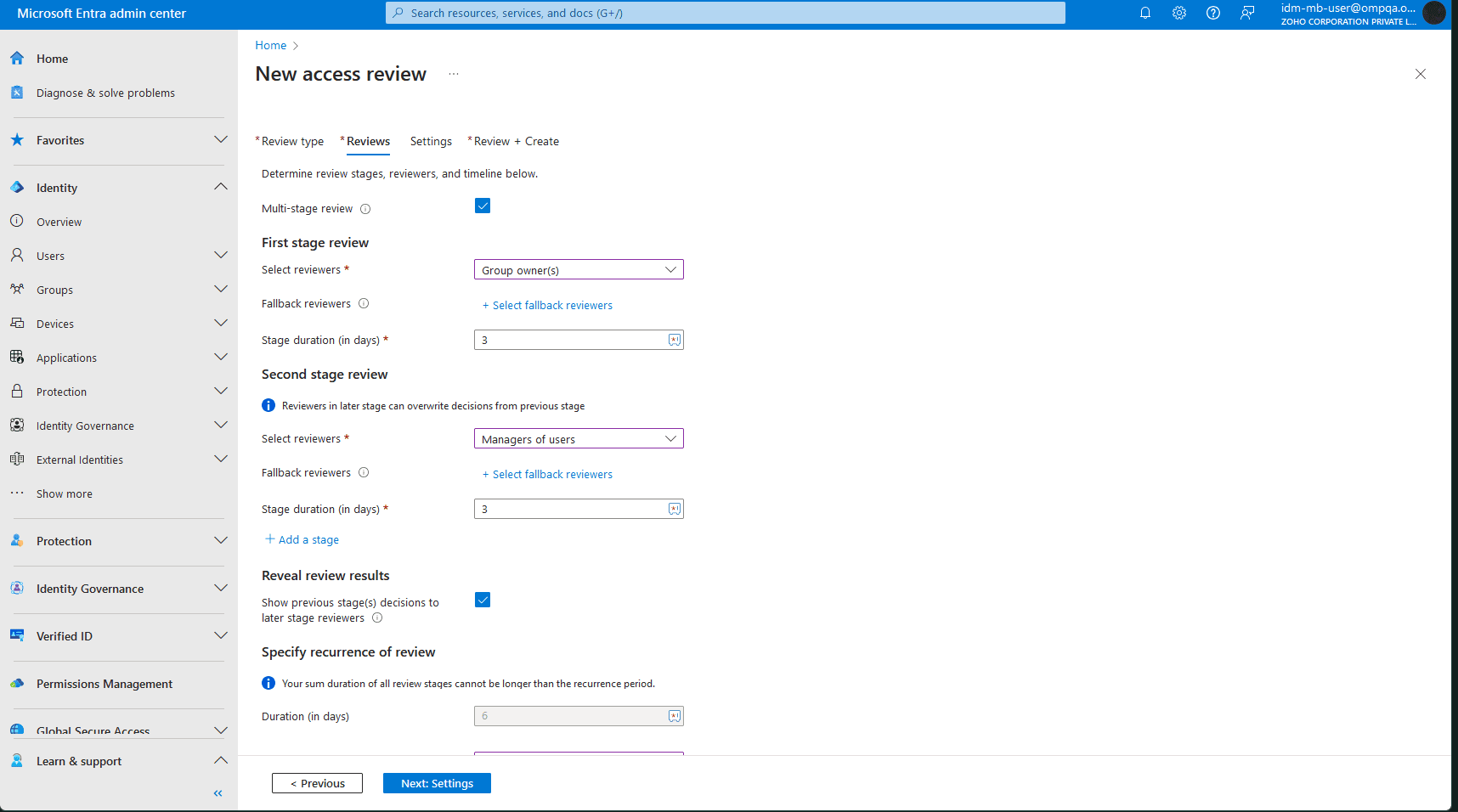 The Microsoft Entra ID admin center with the configuration of a multi-stage access review, including the selection of reviewers for the first and second stages, fallback reviewers, stage duration, and recurrence settings.