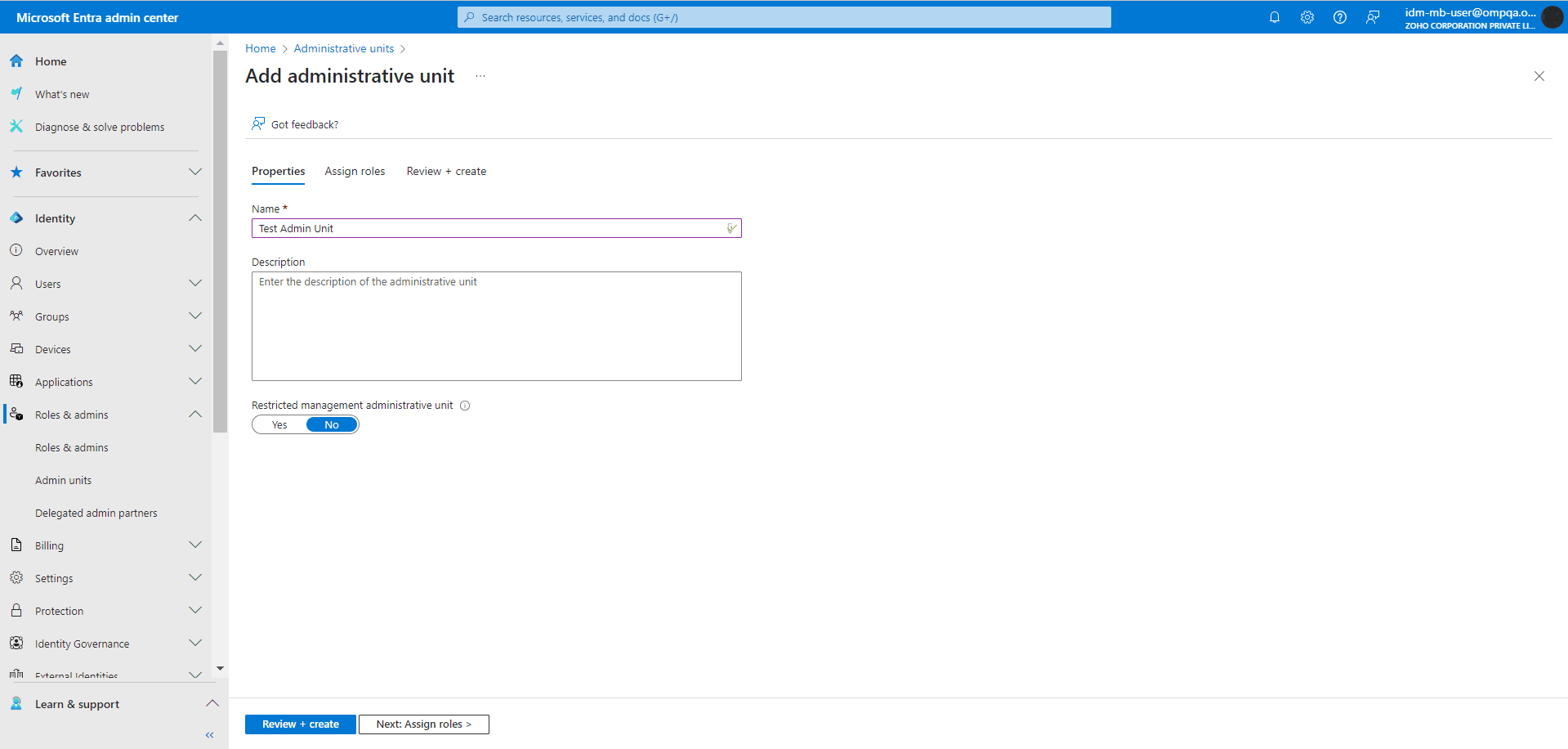 The Properties tab in the Add administrative unit page where you will have to input the name, description, and restriction of the AU being created.