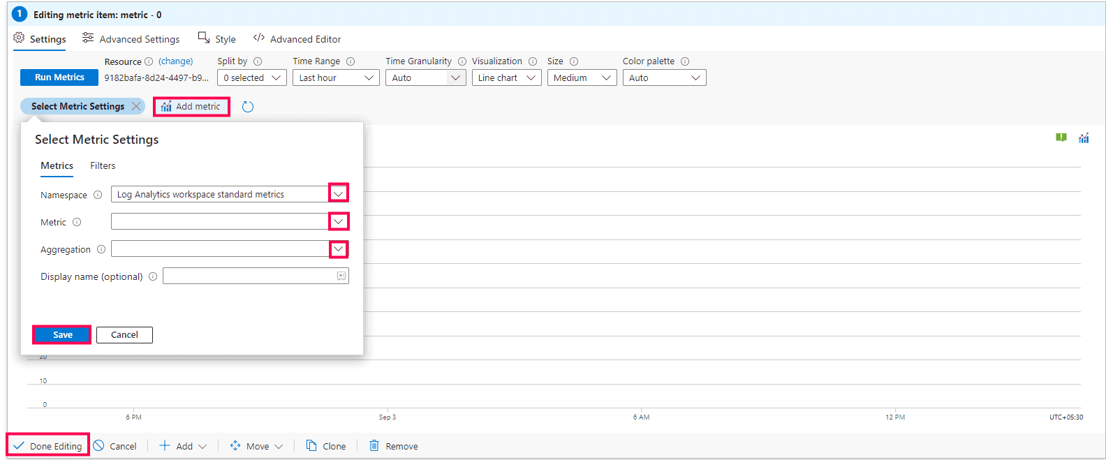 The menu to add metrics in Microsoft Entra workbooks