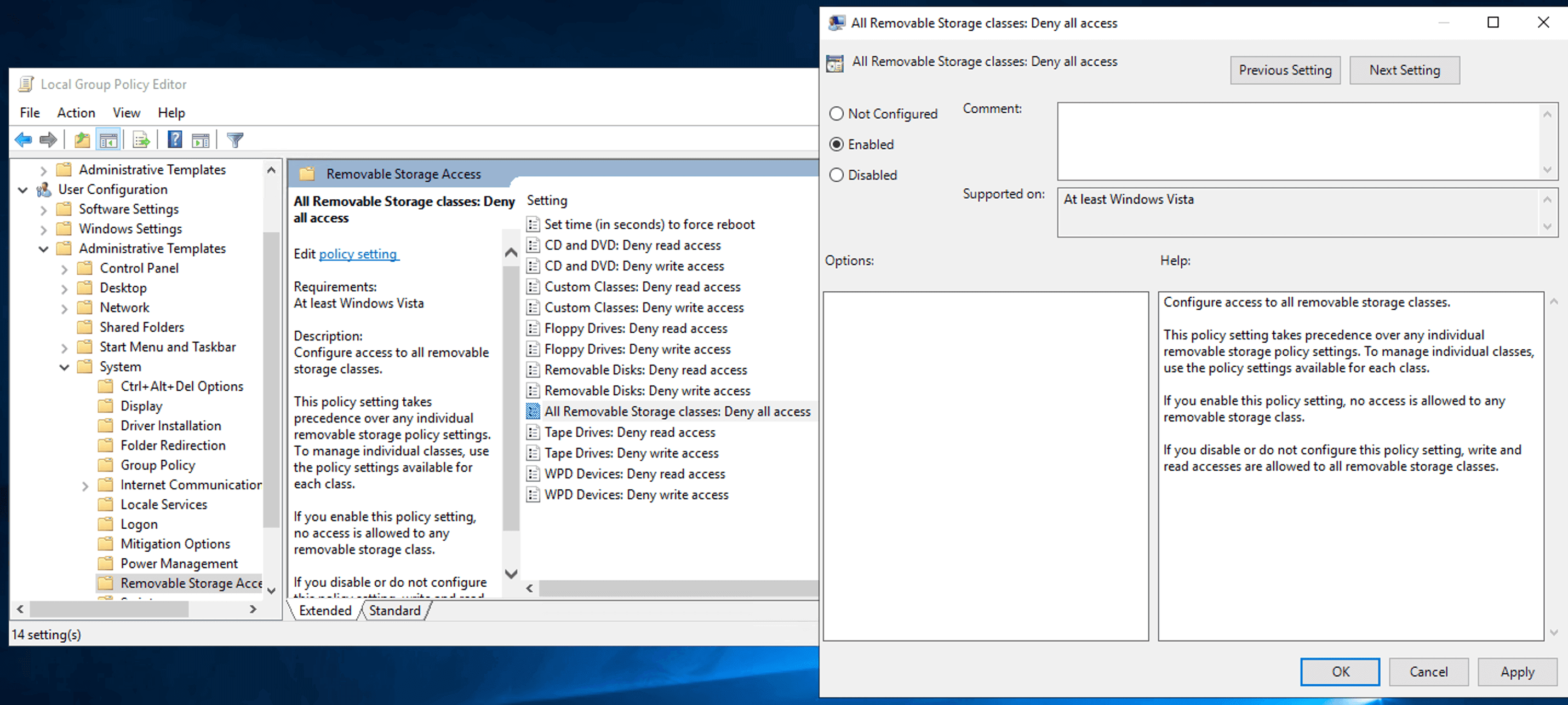 All removable storage classes: Deny all accesses policy