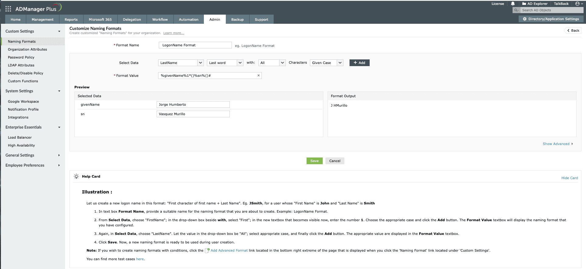 Logon name format using initials of first name and last word of last name in ADManager Plus.