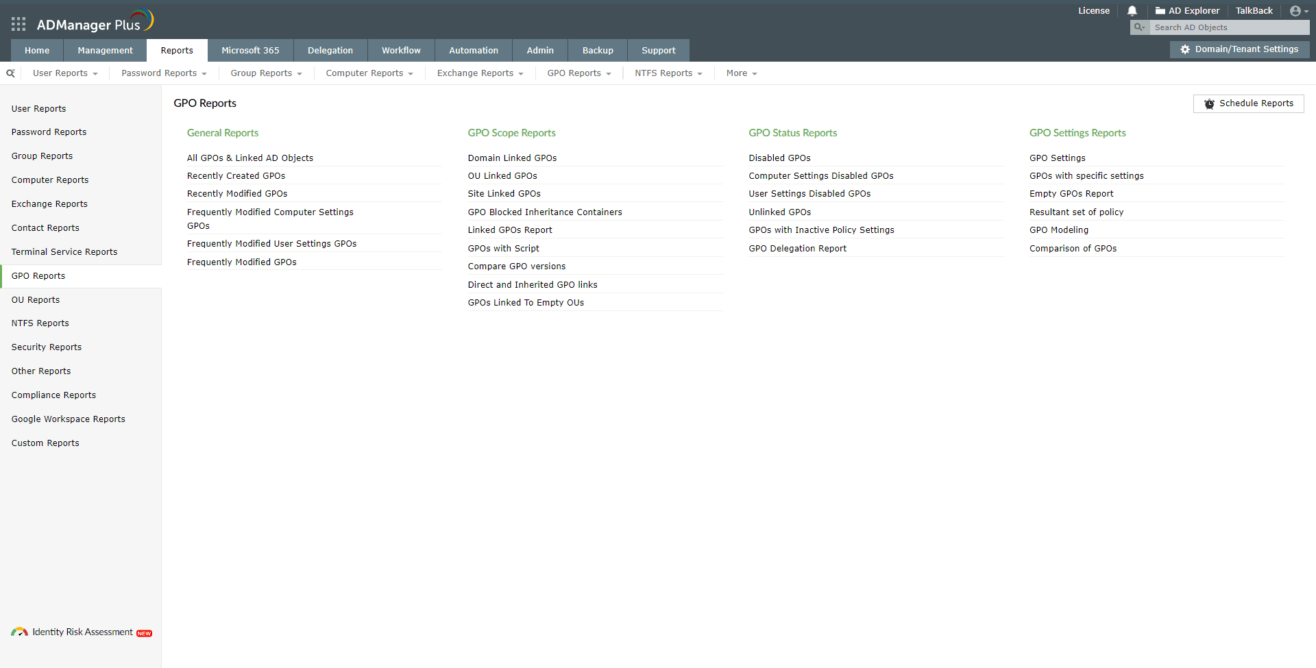A screenshot of all the GPO Reports in ADManager Plus