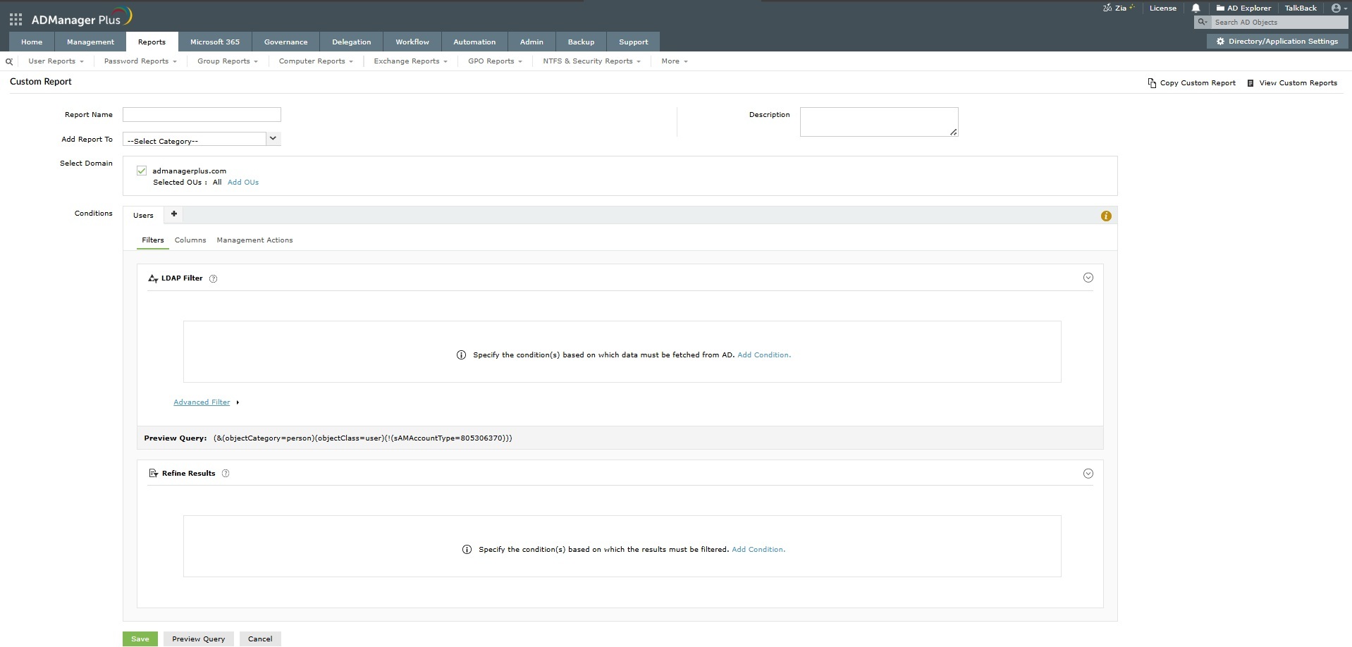 How to get Active Directory custom reports using ADManager Plus