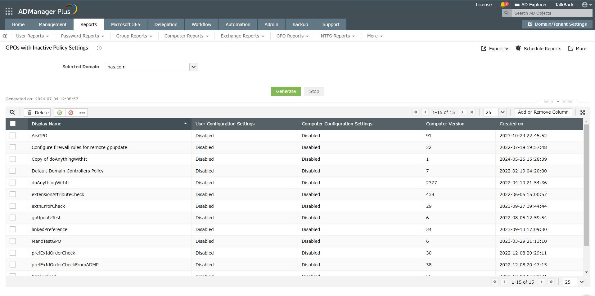 The GPOs with Inactive Policy Settings report under GPO Reports in ADManager Plus