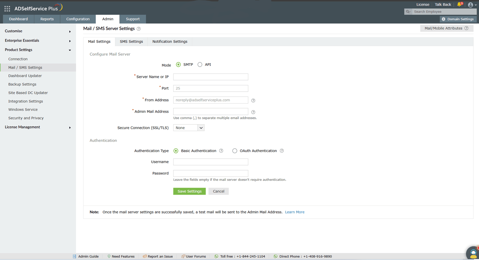 config_mail Basic authentication mail server settings in ADSelfService Plus
