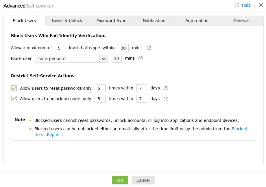 Block users tab in ADSelfService Plus