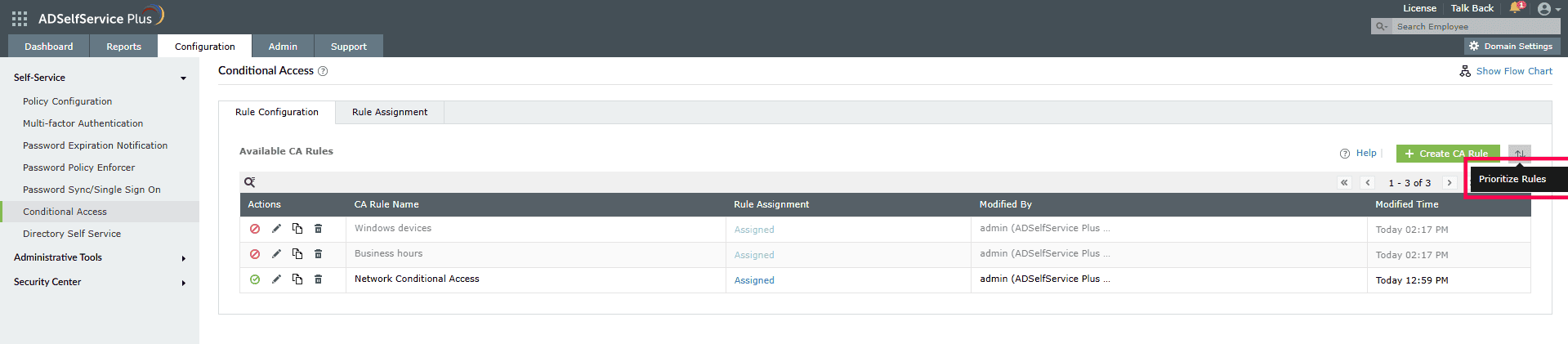 Prioritizing conditional access rules in ADSelfService Plus
