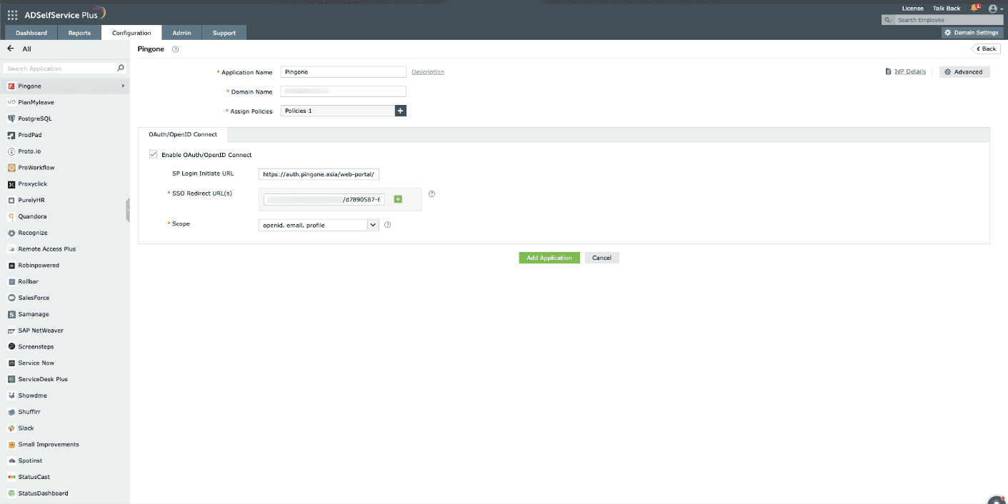 Configuring SSO information for Pingone in ADSelfService Plus