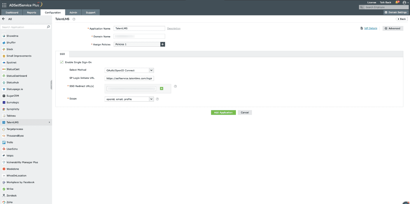 Configuring SSO information for TalentLMS in ADSelfService Plus