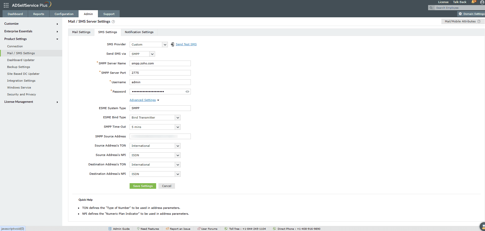 smppsetting Custom SMPP SMS server settings in ADSelfService Plus.