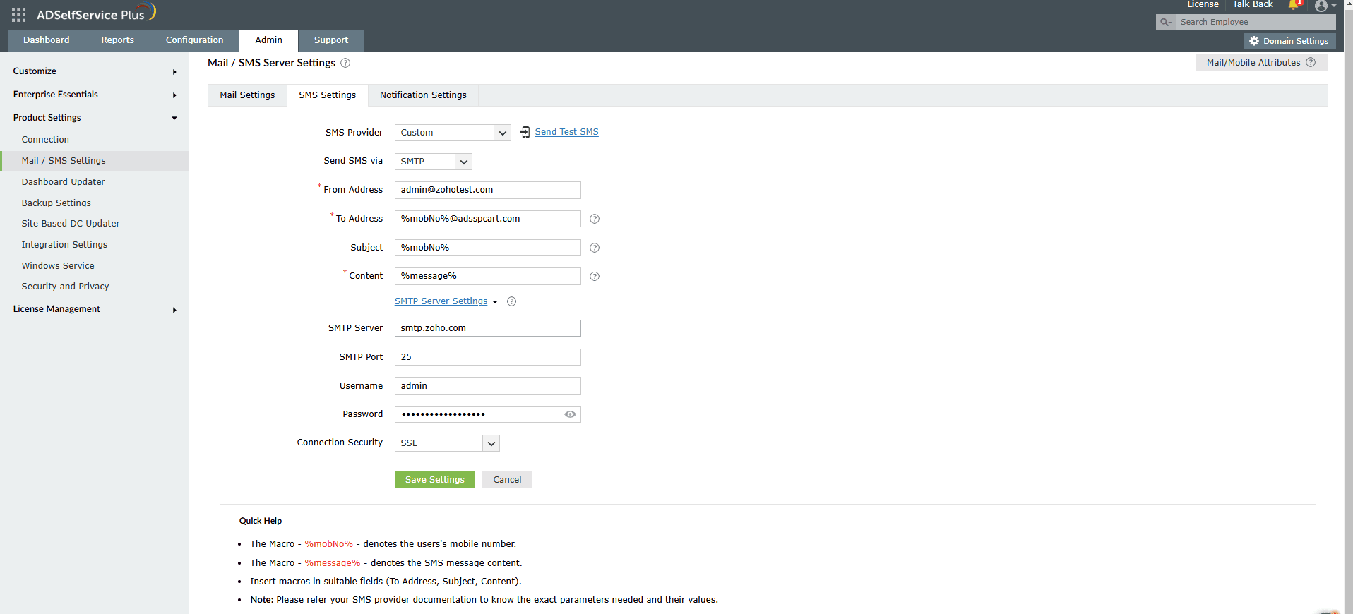 smtpsetting Custom SMTP SMS server settings in ADSelfService Plus.